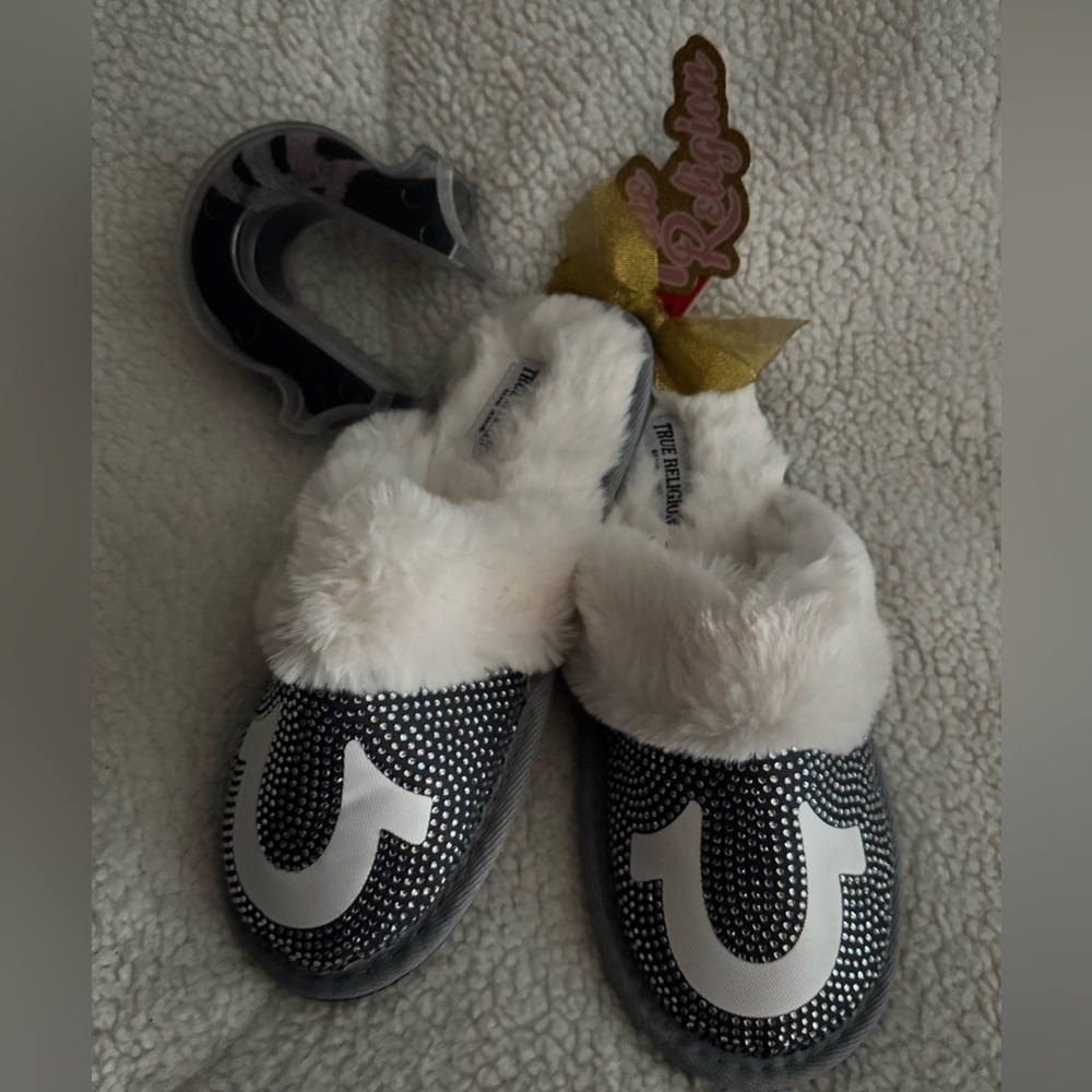 True Religion Black and White Fuzzy Slippers and Sparkly